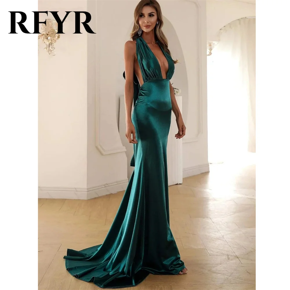 RFYR Burgundy Evening Dresses Halter Backless Prom Dress Deep V-Neck Satin Party Dress Sexy Fishtail Sweep Train فستان سهرة