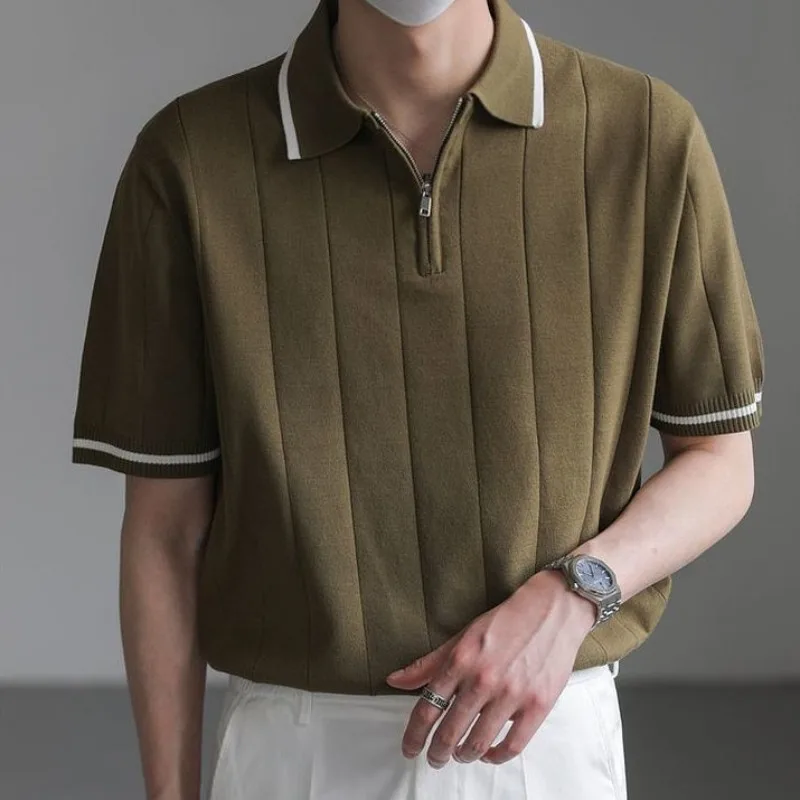 Summer Half-Zip Lapel Short Sleeve Knit Polo Shirt Men's Korean Streetwear Business Casual Top