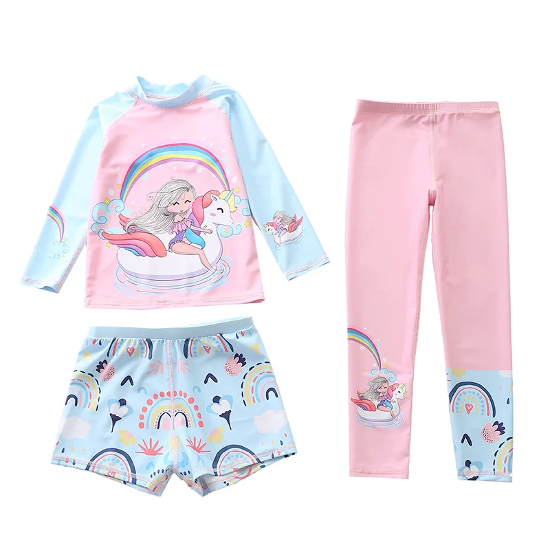 

HappyFlute Three Piece Set Unicorn Print Big And Small Girls Long Sleeve Sunscreen Design Cute Style Vacation Swimsuit