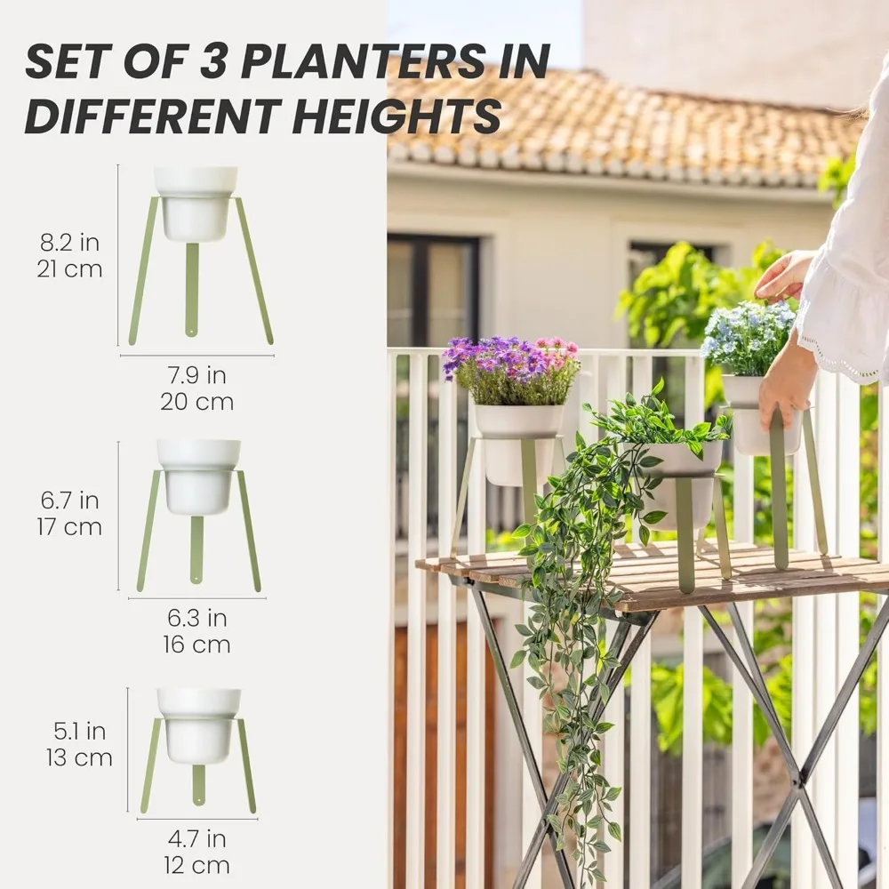 

3-Tier Metal Plant Stand with Gray Pots, Indoor Outdoor Garden Planter Set for Home Decor