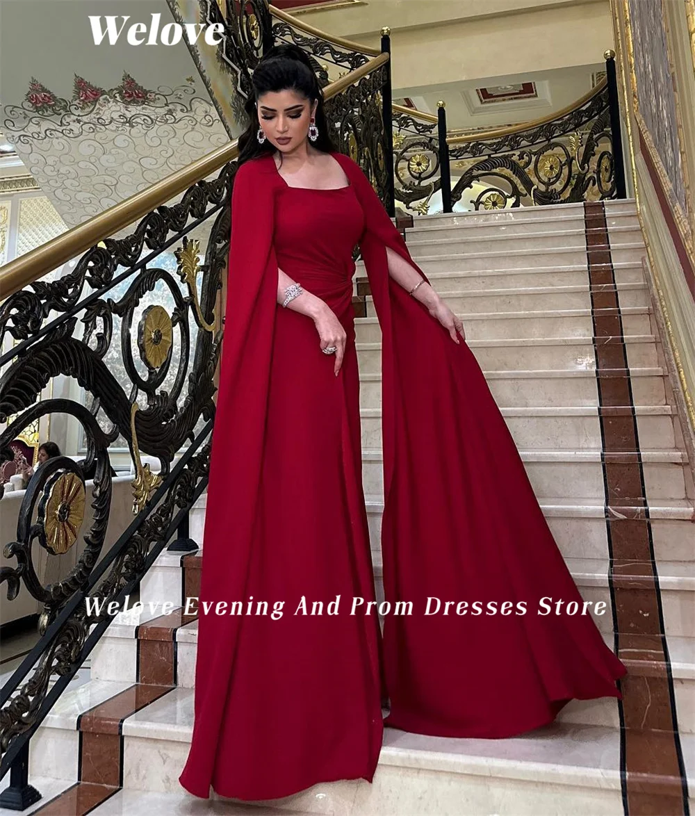 Welove Red Square Collar Evening Dresses Pleated فساتين للحفلات الراقصة New 2023 Cape Sleeves Straight فساتين مناسبة رسمية