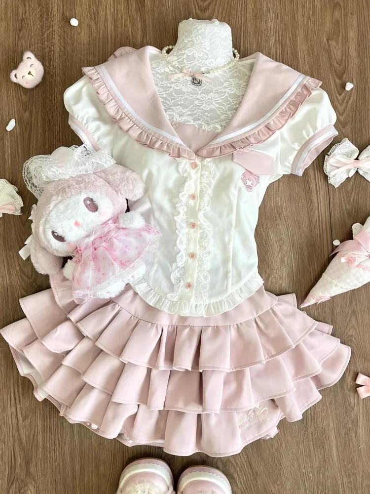 

Summer Japanese Jk Sweet Cute Ruffles Lace Pink Top Women+ High Waist A-line Pleated Cake Skirts 2025 New Two Piece Sets