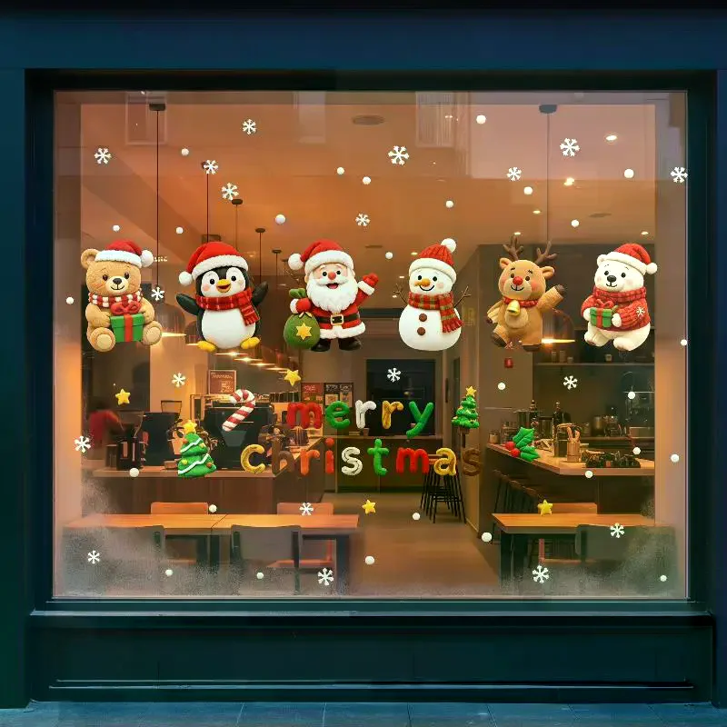 Cute Christmas Window Stickers Same Color Both Sides Static Cling Waterproof Decals for Home Cafe Office Holiday Decor