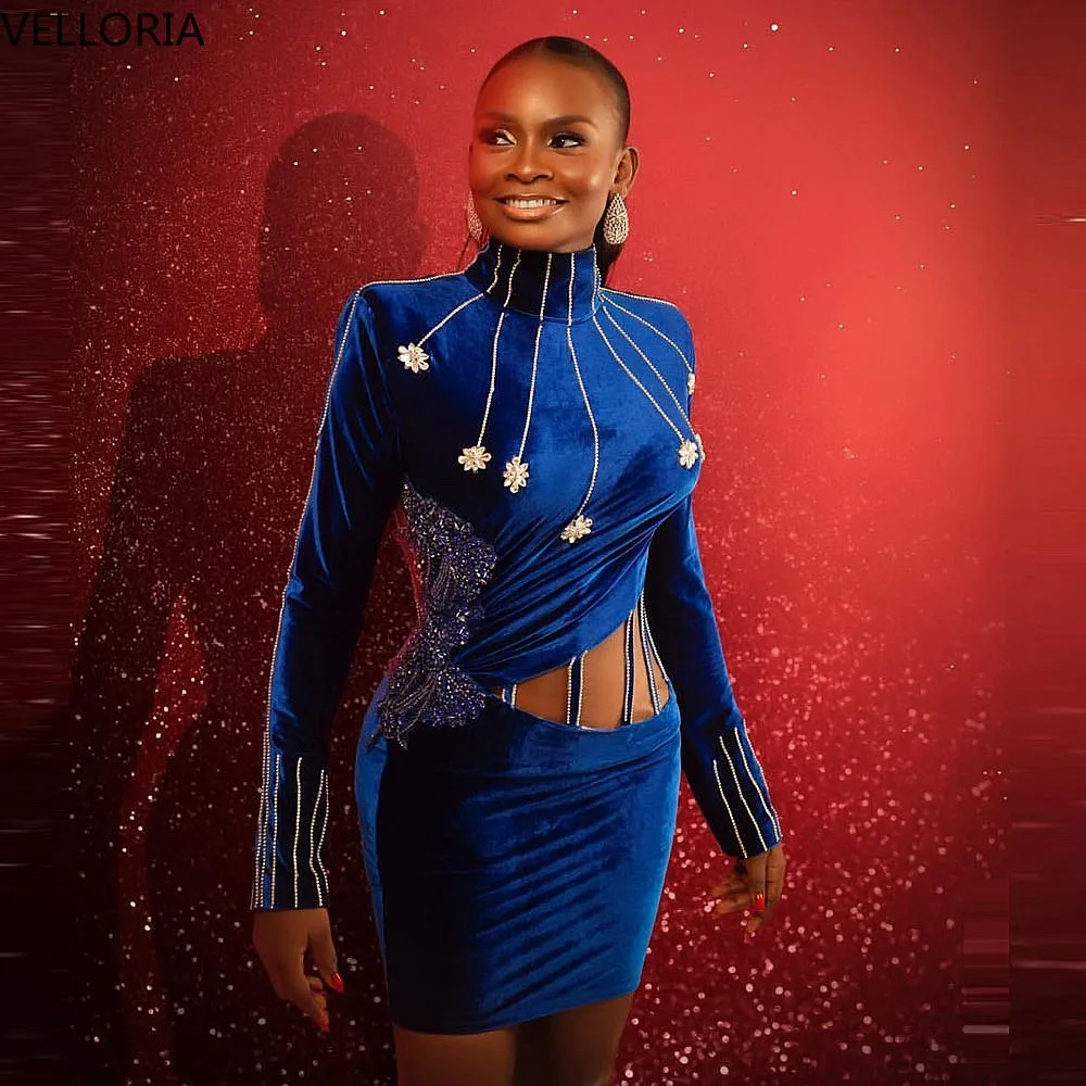 

Confident Mermaid Short Ball Dress Velvet High Neck Long Sleeve Beaded Mini Cocktail Dress African Women's Party Gown Customized