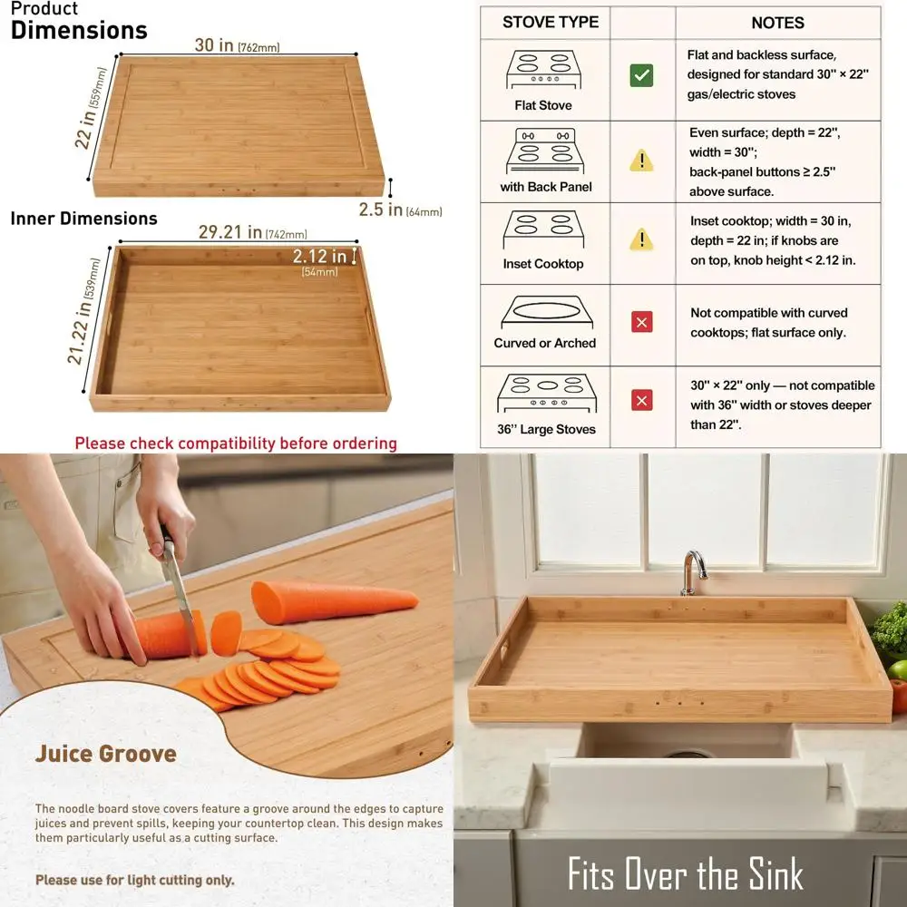 

Доска для лапши из натурального бамбука с ручками, разделочной доской и сервировочным подносом для газовых и электрических плит, внутренний размер 29,21x21,22x2,12