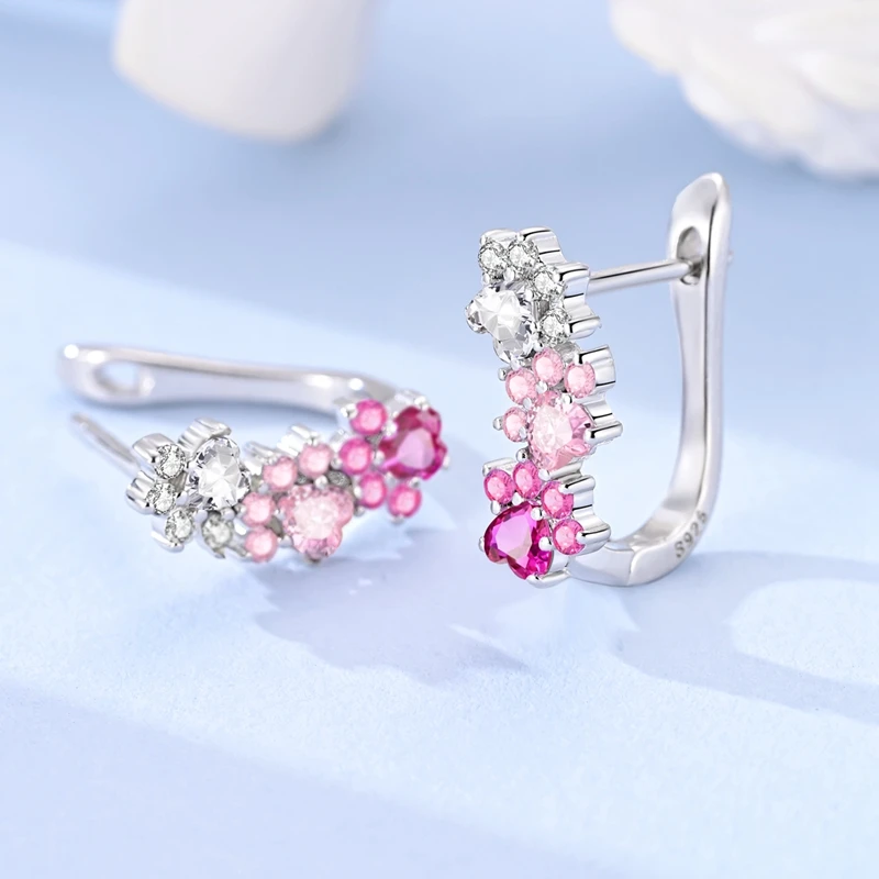 925 Sterling Silver Earrings Women Pink Gradient Cute Paw French Style Hoop Earring For Anniversary Wedding Jewelry Gifts