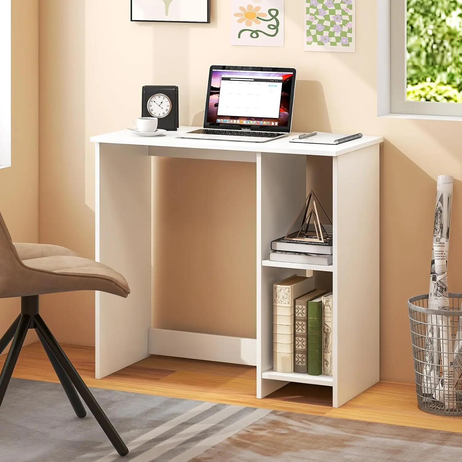 

Small White Desk with Shelves, Compact Small Desk for Small Space, Study Writing Desk with 2 Tier Shelves, Modern Simple Style L