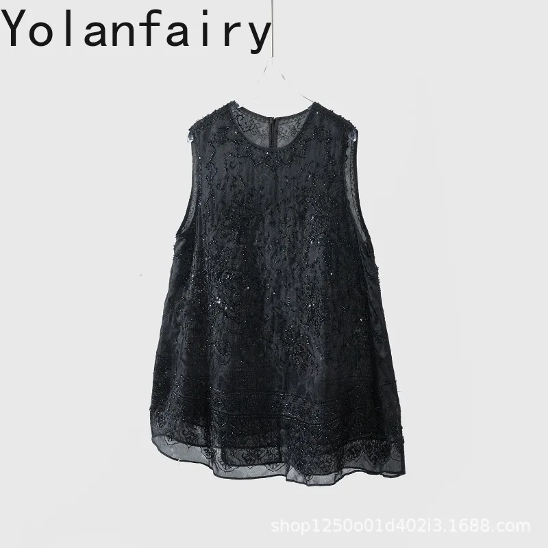 YOLANFAIRY 100% Mulberry Silk Tanks Top Women Organza Silk Sleeveless Vest Fashion Beaded Embroidered Elegant Women's Tank Tops