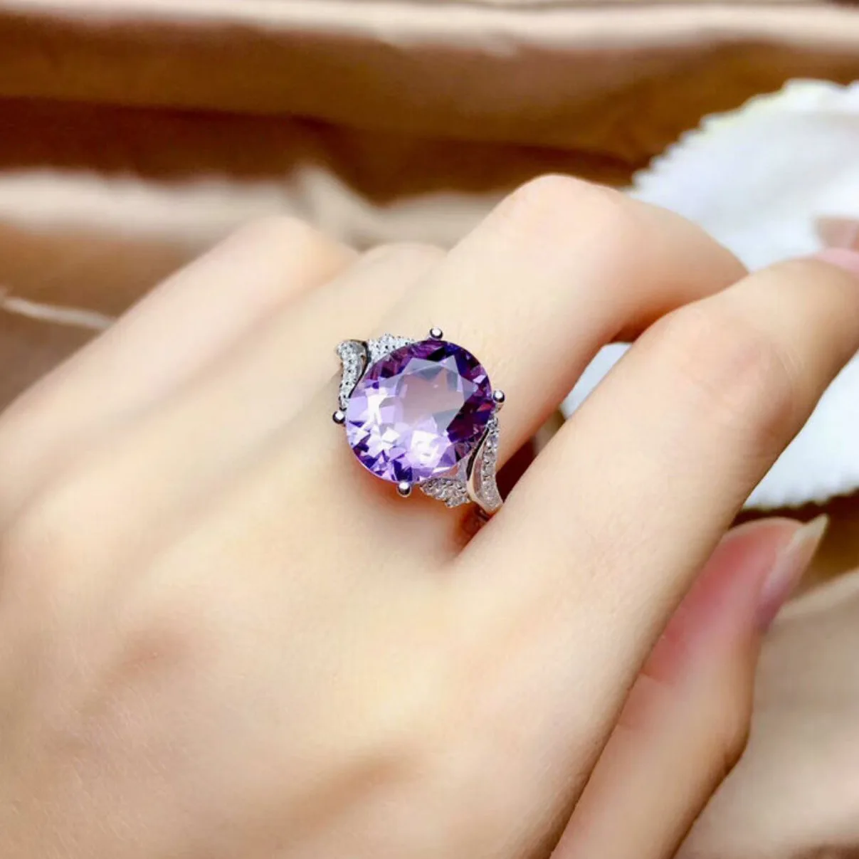 Oval Imitation Purple Crystal Ladies Open Adjustable Size Rings Women Full Zircon Sparkling Light Amethyst Silver Color Ring