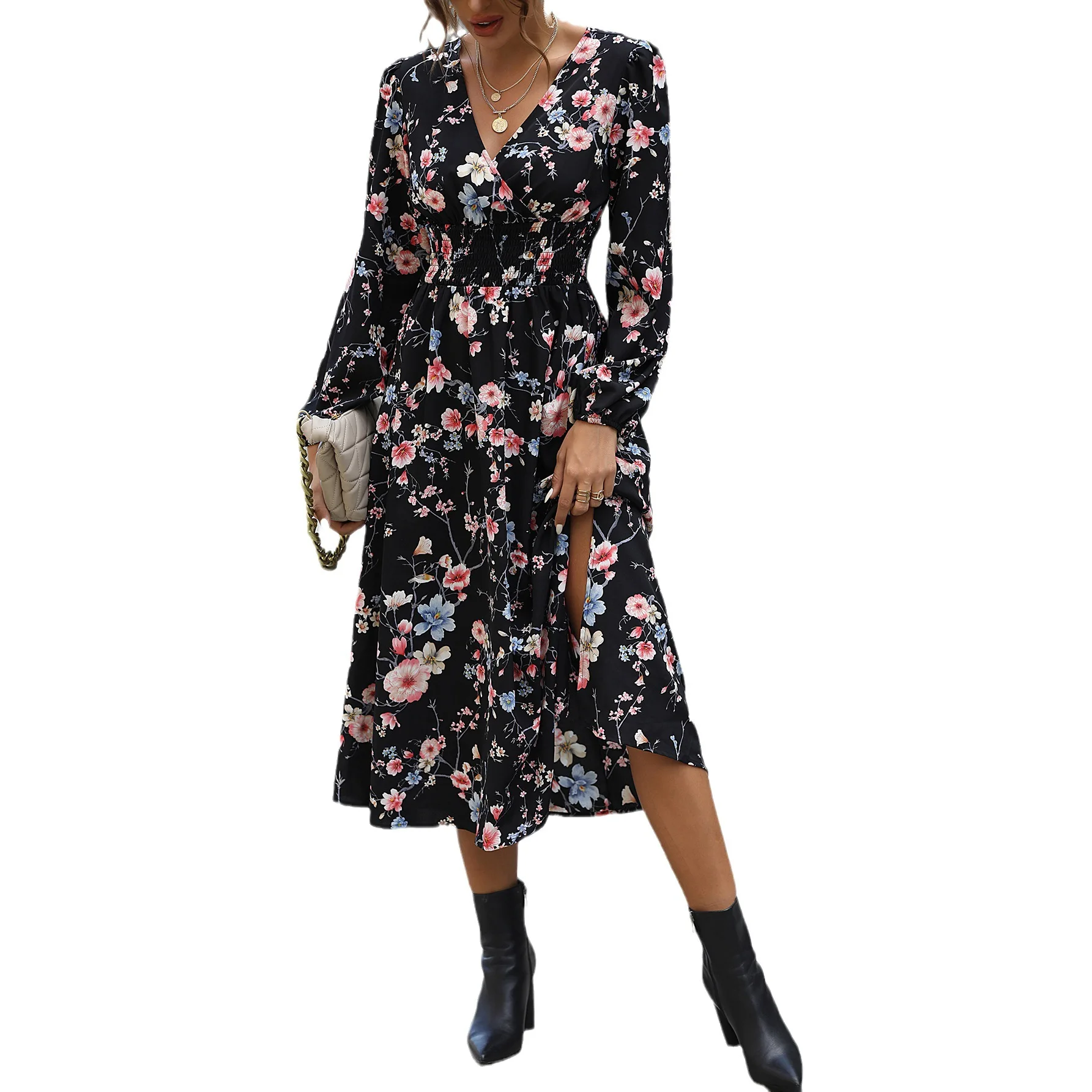 

Spring and Autumn Women's Long Floral V-neck Dress