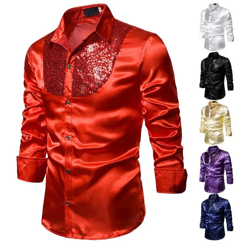 

Men's Sequin Performance Shirt Lapel Host Emcee Long Sleeve Casual Style Printed Fabric Other Material 100% Summer Fashion