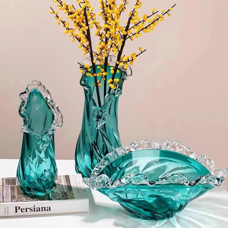 

Luxury Blue Glass Vase, Wavy Edged Fruit Tray, Decorative Tablepiece for Living Room, Stylish Display for Modern Home Décor