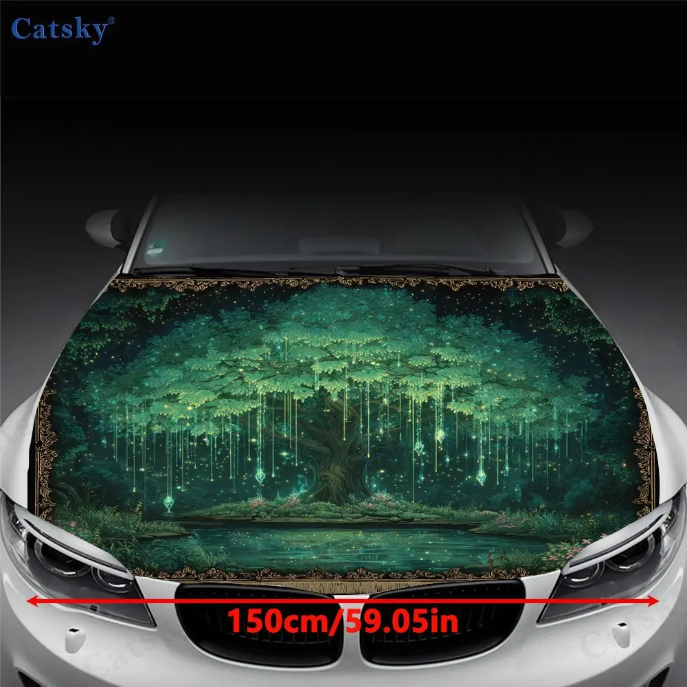 Mystical Forest Tree Car Vinyl Wrap, PVC Waterproof Car Hood Sticker, Self-Adhesive Scratch-Resistant Stickers for Engine Cover,