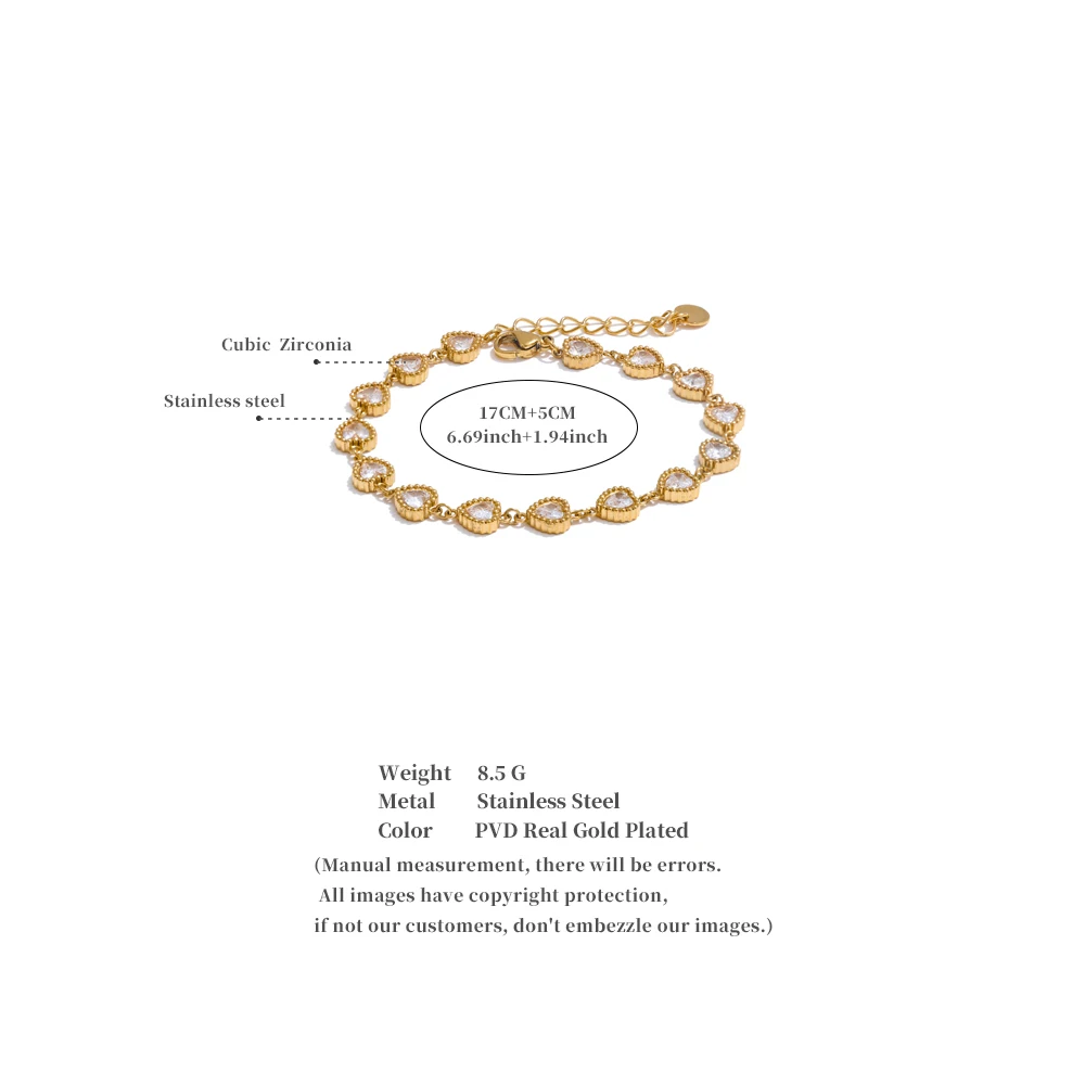 Yhpup Heart Cubic Zirconia Shiny Waterproof Bracelet Bangle Stainless Steel Jewelry Casting Technology Holiday Gifts