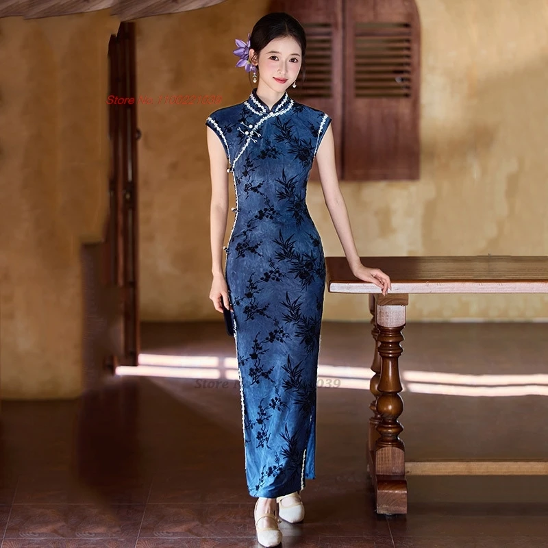 

2025 восточное улучшенное qipao, традиционное национальное платье без рукавов с цветочным принтом, Cheongsam, восточное банкетное вечернее платье qipao