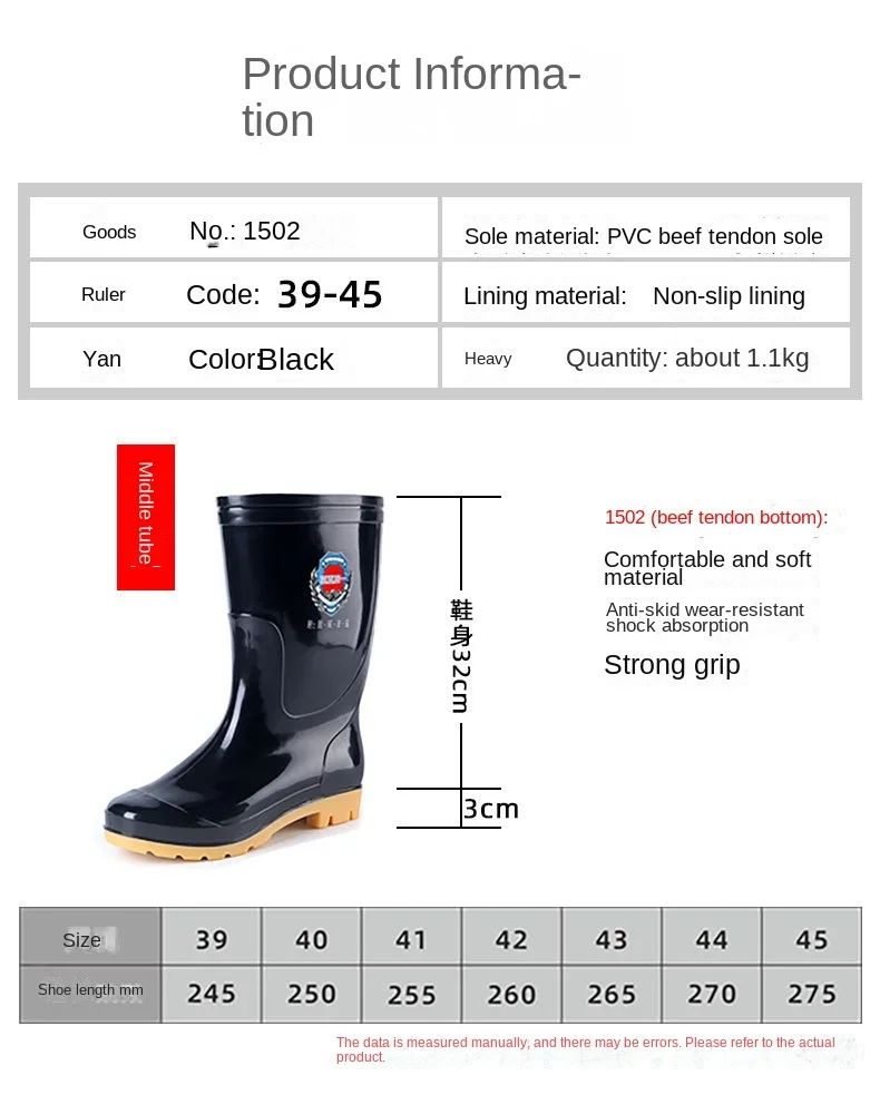 Black Rubber Shoes Water Shoes Mid Calf Sole Three Rainproof Shoes Men\'s Mid Top Rain Boots Labor Protection