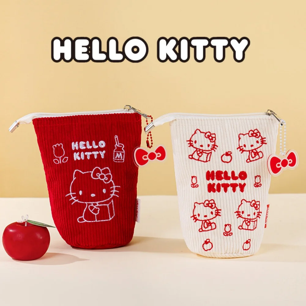 Étui à crayons Hello Kitty authentique, sac de rangement à fermeture éclair en velours côtelé Kawaii Sanrio Kt Cat, pochette de papeterie pour l'école et le bureau, cadeaux pour les fans et les adolescents