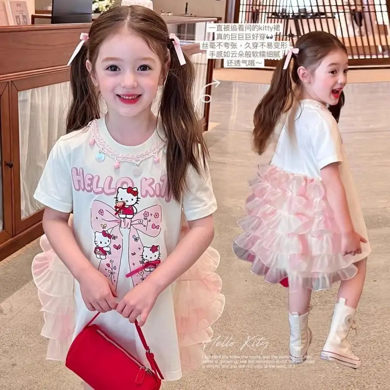 

Cute Cartoon Kawaii Sanrio Hellokitty Children's Clothing Girls' White T-Shirt Princess Dress Summer Cake Dress Mesh Dress