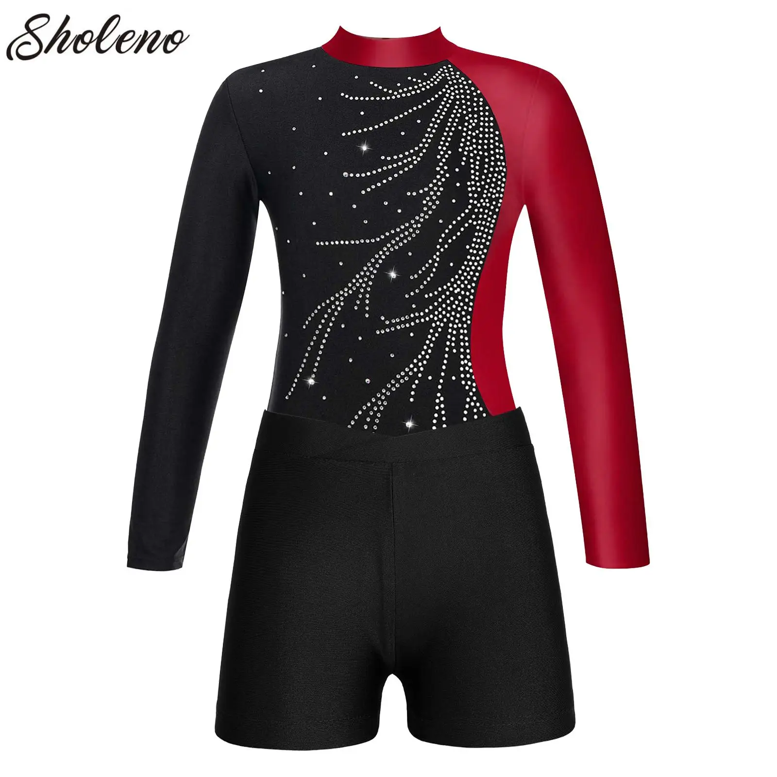 

Kids Girls Ballet Gymnastic Leotard Figure Skating Performance Costume Long Sleeve Rhinestones Shiny Bodysuit with Shorts Sets