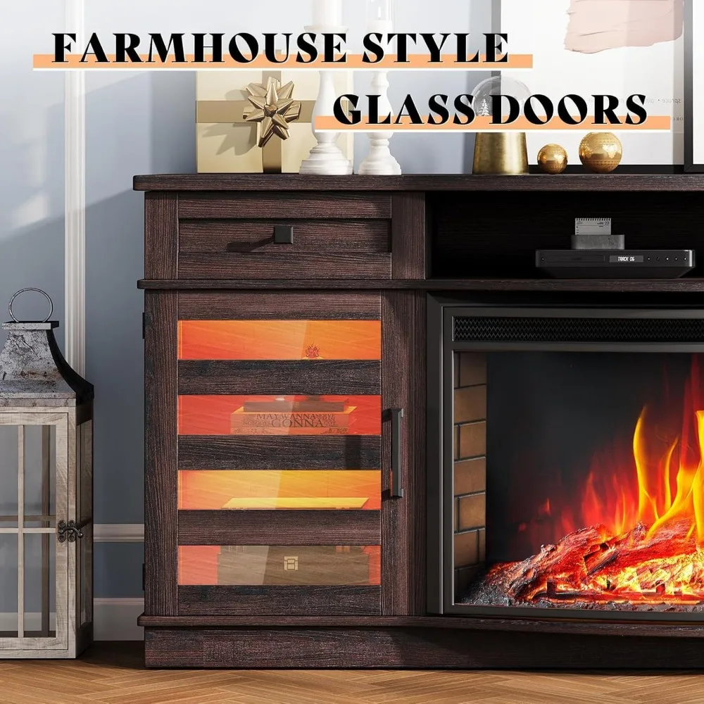 حامل تلفزيون كهربائي على طراز المزرعة مقاس 70 بوصة مع شاشة منحنية 36 LED ودرجين ورفوف قابلة للتعديل #6