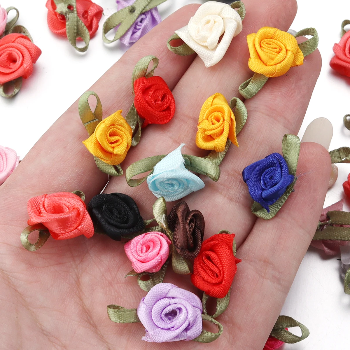 50pcs/lot Mini Polyester Handmade Rose Flower And Bud Satin Bow For Craft Sewing Clothing Accessories Decoration