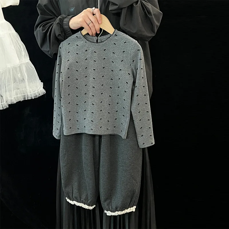 

2025 New Girls' Autumn Set Children's Versatile Lace Casual Pants Baby Bow Printed Top Children's Clothing