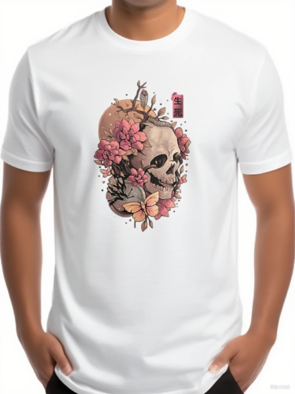 

Dark Floral Skull Cotton Crew Neck T Shirt Featuring A Stunning Design Of A Skull Adorned With Pink Flowers, Butterflies