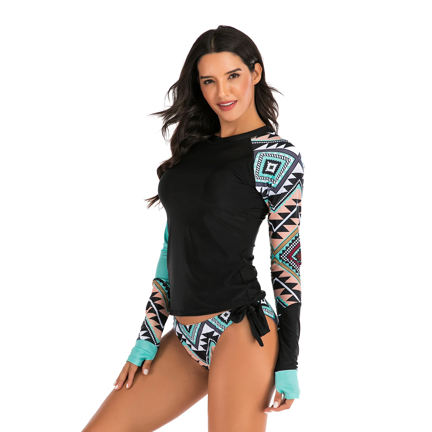 Rashguard Women Long Sleeve Swimsuit Sun Protection Rash Guard Zipper Swimwear Two Piece Print Surf Shirt Top Boyshort Bottom