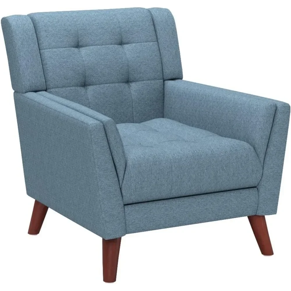 Alisa Mid Century Modern Fabric Arm Chair, Blue and Walnut