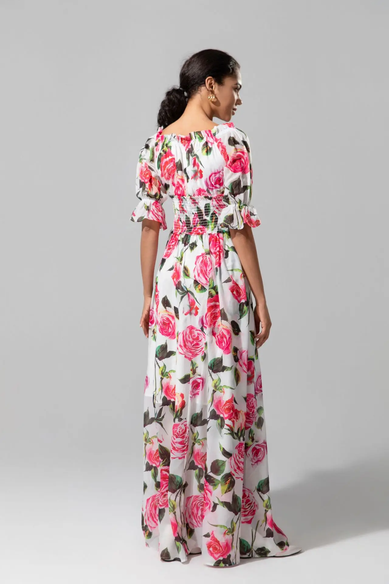 Sukienki damskie Dekolt typu slash Krótkie rękawy Elastyczna talia Kwiatowy nadruk Eleganckie designerskie sukienki maxi Vestidos