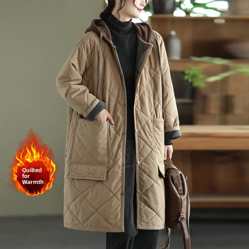 معطف شتوي مبطن من القطن Jaet فني كبير الحجم للنساء معطف طويل بقلنسوة مع كيت للتنقل Sle