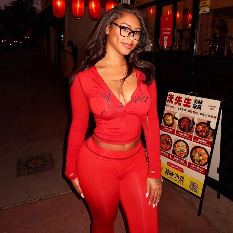 2026 New Letter Print Suit Hooded Zipper Long-sleeved Top + High-waisted Tight Wide-leg Pants Two-piece Set for Women Pant Sets