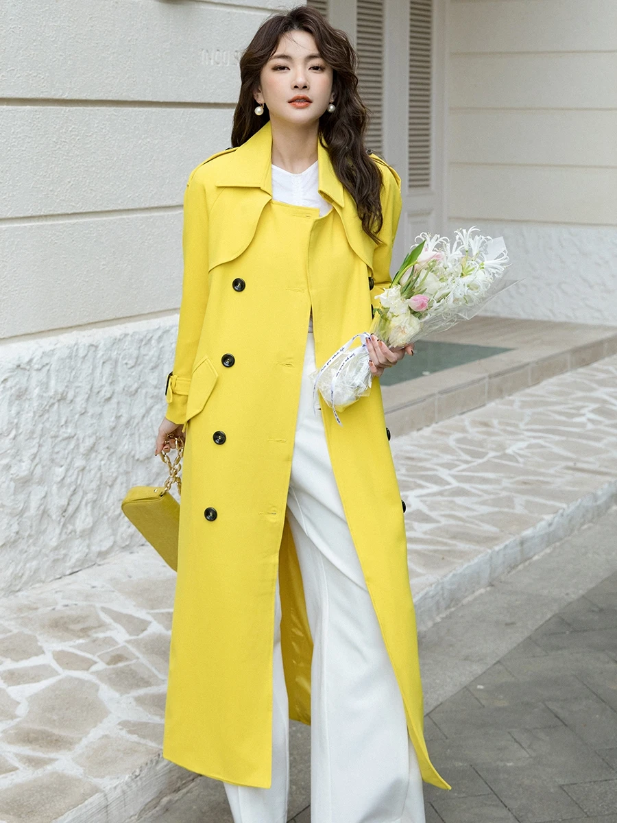 2025 Autumn Yellow Trench Coat For Women Long Below The Knee Korean Style Double Breasted British Baggy Office Coat Plus Size