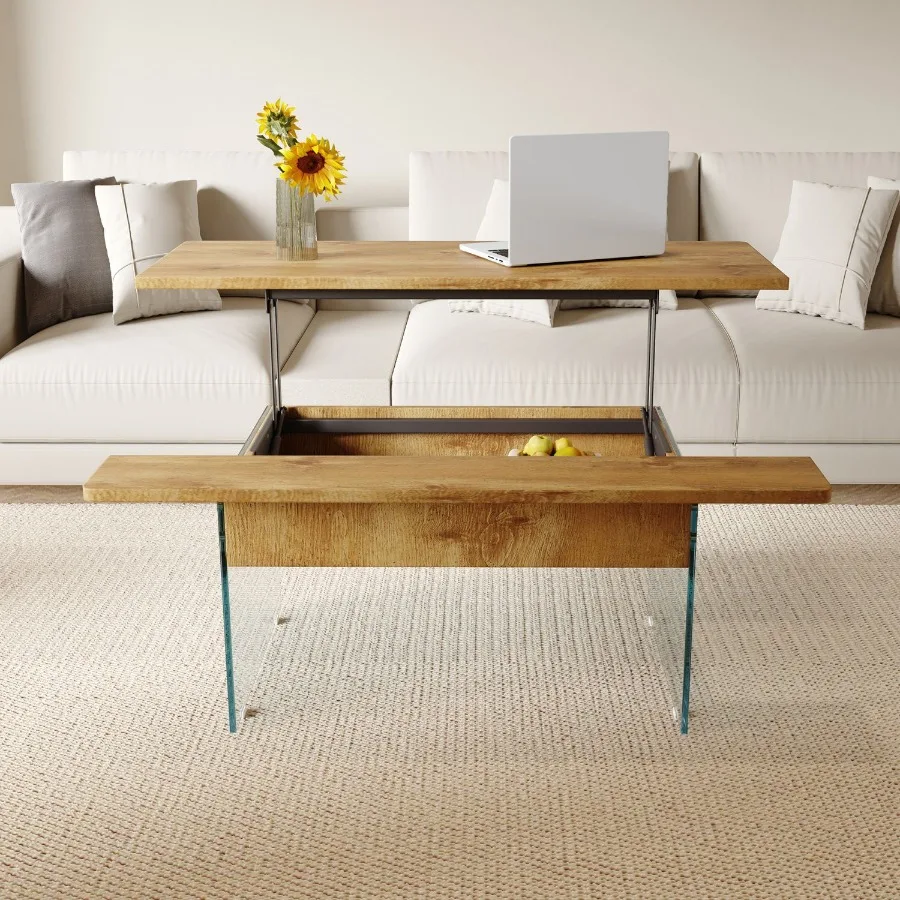 

43.3inch coffee table with heightadjustment function with storage space combines rustic style with tempered glass.Spacesaving d