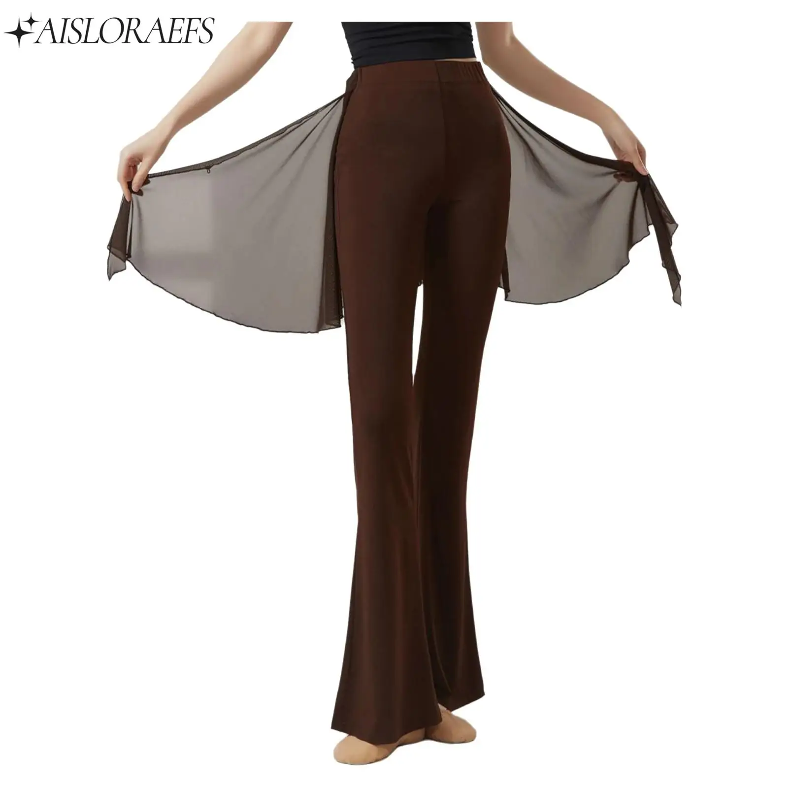 

High Waist Flared Slightly Pants Ballet Lyrical Modern Dance Women Fake 2 Piece Set Long Pant with Irregular Overlay Hip Wrap