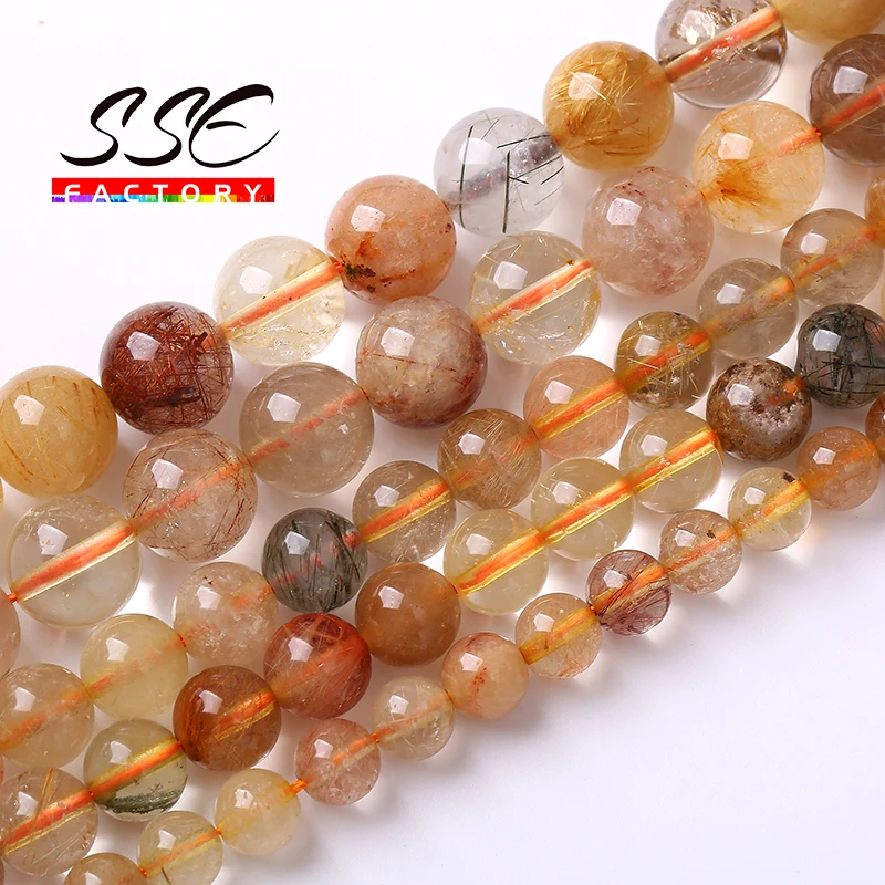 

100% Mixed Color Rutilated Quartz Crystal Natural Stone Beads Round Loose Beads for Jewelry Making DIY Bracelets 6 8 10mm 15" A+