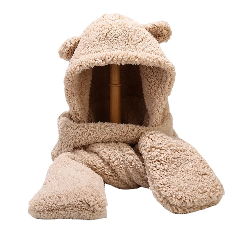 New Beanies Skullies Bear Ear Protection Hat Female Autumn Winter Cute Plush Bib Scarf Gloves Hooded Korean Versatile Warm