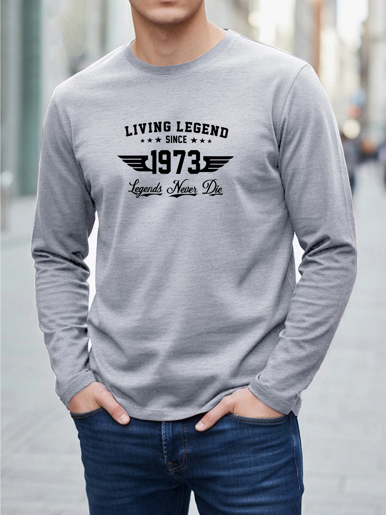 New Fall Men's Long-Sleeve T-Shirt with Simple Letter and Number Print Round Neck Oversized Relaxed Fit Outdoor Casual Top