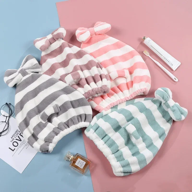 Women's Coral Velvet Dry Hair Cap Water-Absorbent Quick-Drying Striped Shower Towel Bow Princess Style Hair Accessory