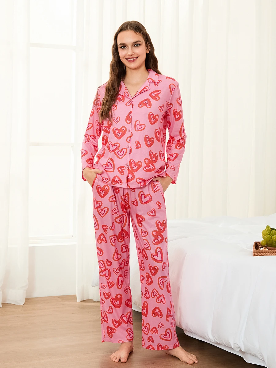 Conjunto de pijamas femininos de 2 peças, manga comprida, lapela, botão, camisa, calças compridas, pijama, dia dos namorados, roupa de dormir casual, conjunto de salão