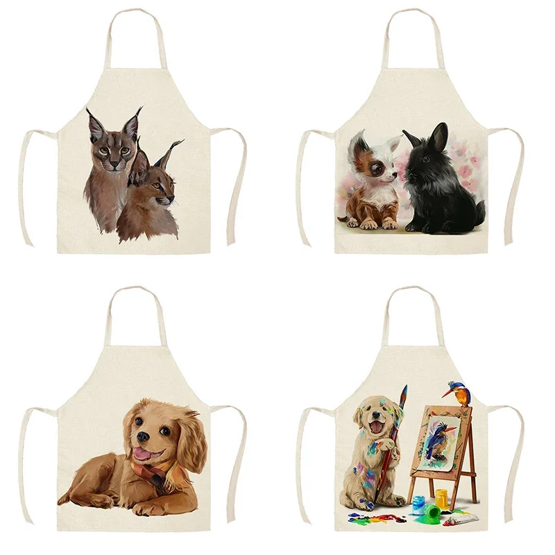 Baking Cooking Chef Apron Cute dog print kitchen apron anti-stain linen  Men\'s and women\'s home cleaning