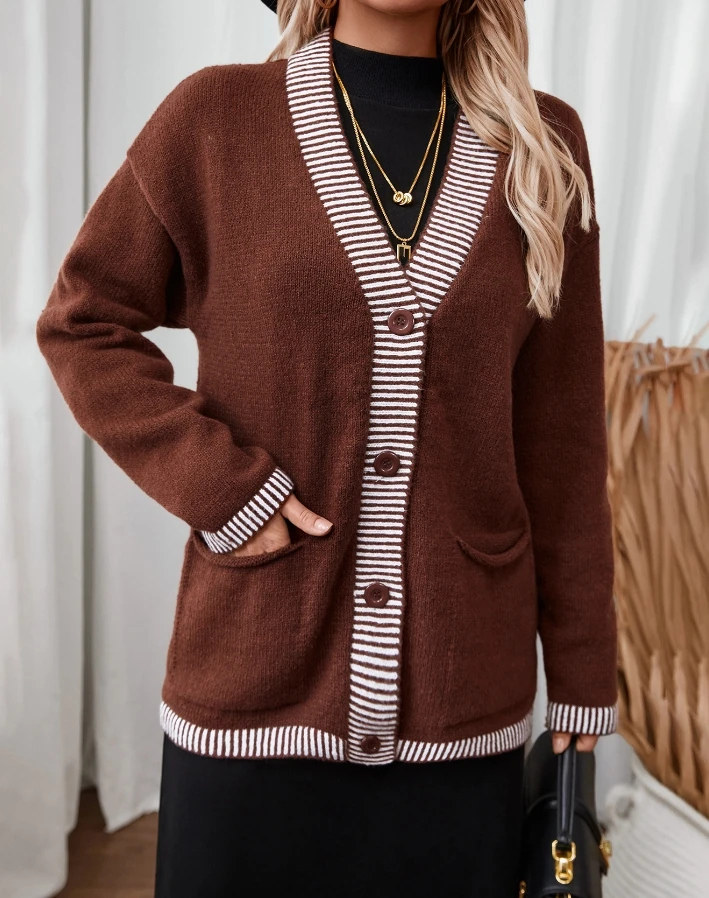 

Women's Cardigan 2024 Autumn Winter Latest Striped Knit Sweater with Loose Casual Pockets Single Breasted Top Open Front Coat
