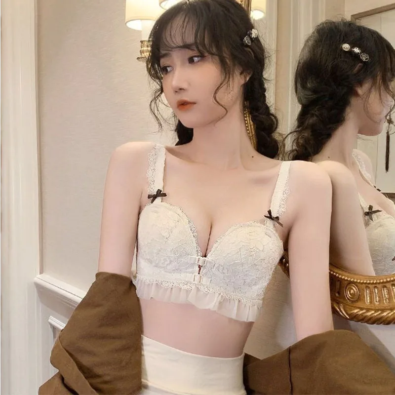 Beige Super Push Up Front Closure Bra for Small Breasts Korean Style High Quality Women\'s Bras Wireless Lace Bralettes Mujer