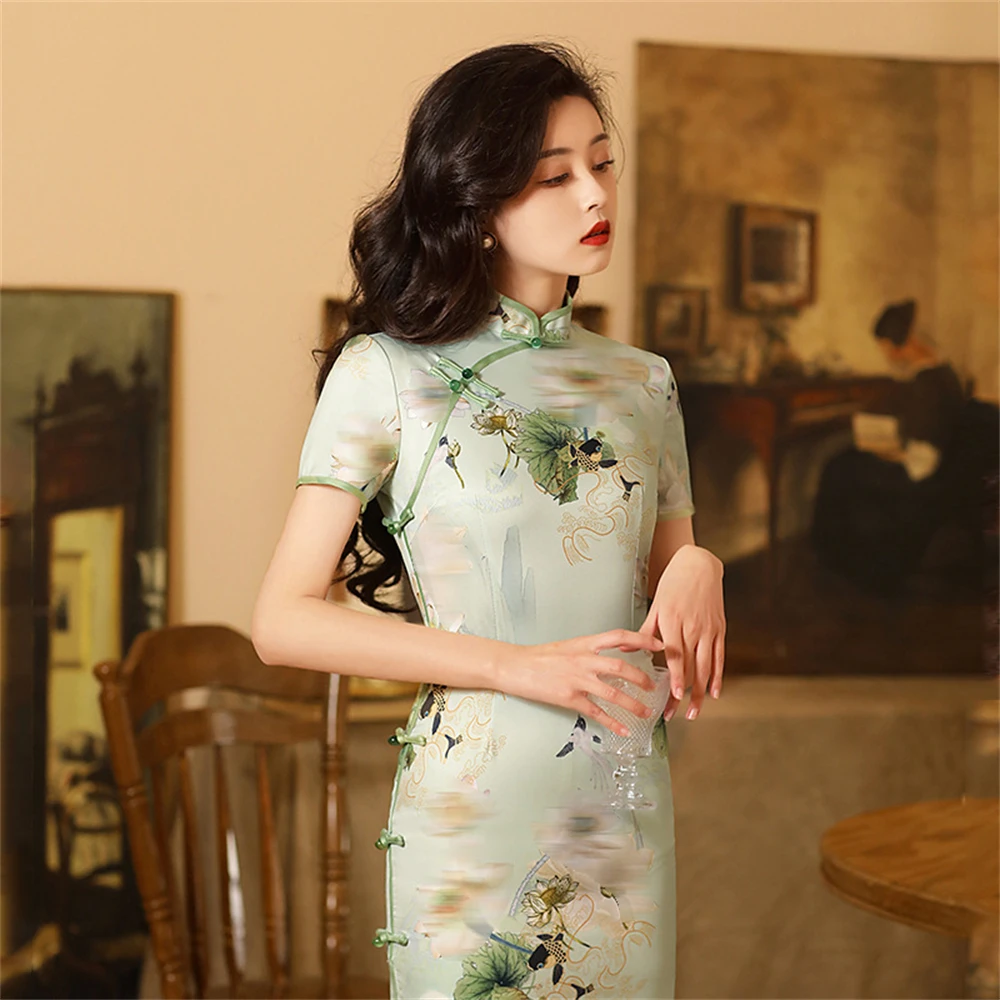 Vintage Elegant Slit Qipao Women Summer Short Sleeves Stand-up Collar Slim Cheongsam Ladies Chinese Traditional Dress For Party