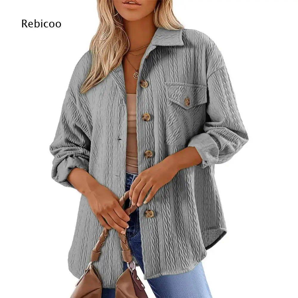 Womens Loose Fit Button Front Shacket Textured Fabric Chest Patch Pocket For Casual Commute And Informal Social Gatherings