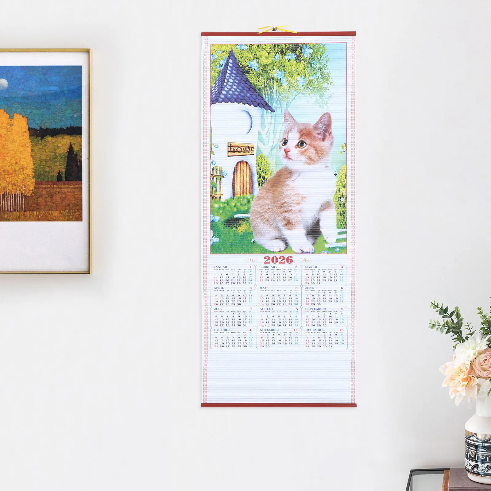 

Настенный календарь-свиток 2026: Китайский Год Лошади, имитация ротанга, традиционный декор для гостиной и офиса, эстетичный дизайн