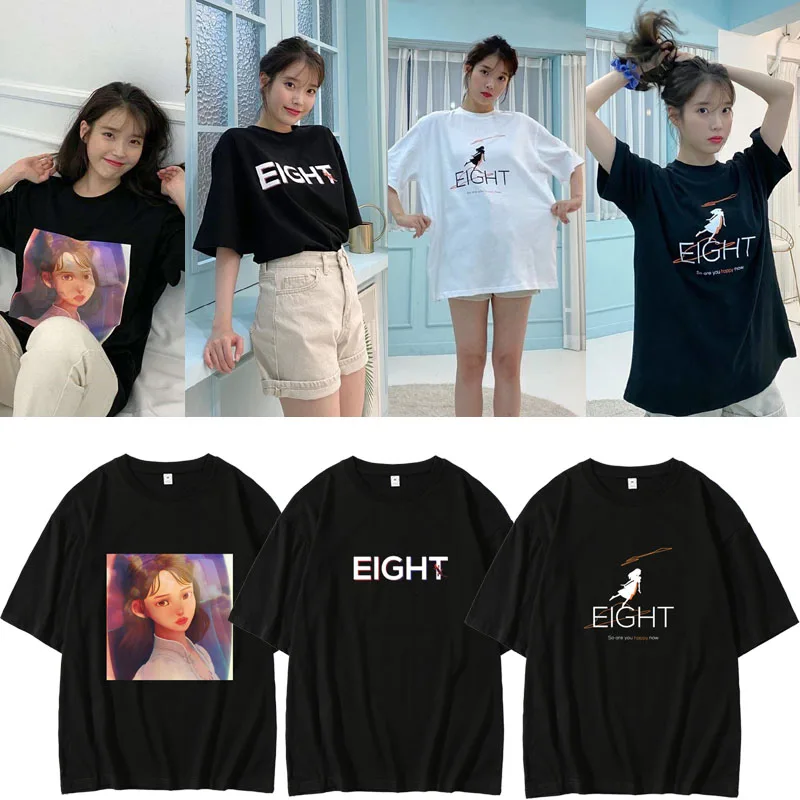 K POP Kpop IU New Hit Song Eight Cartoon Image Same style Printing Casual Short Sleeve T Shirt Women Summer Unisex  Fans Clothes