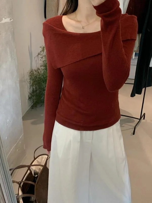 

Модный тонкий вязаный свитер с асимметричным воротником для женщин, на раннюю весну, для повседневной носки, приталенный, базовый, облегающий