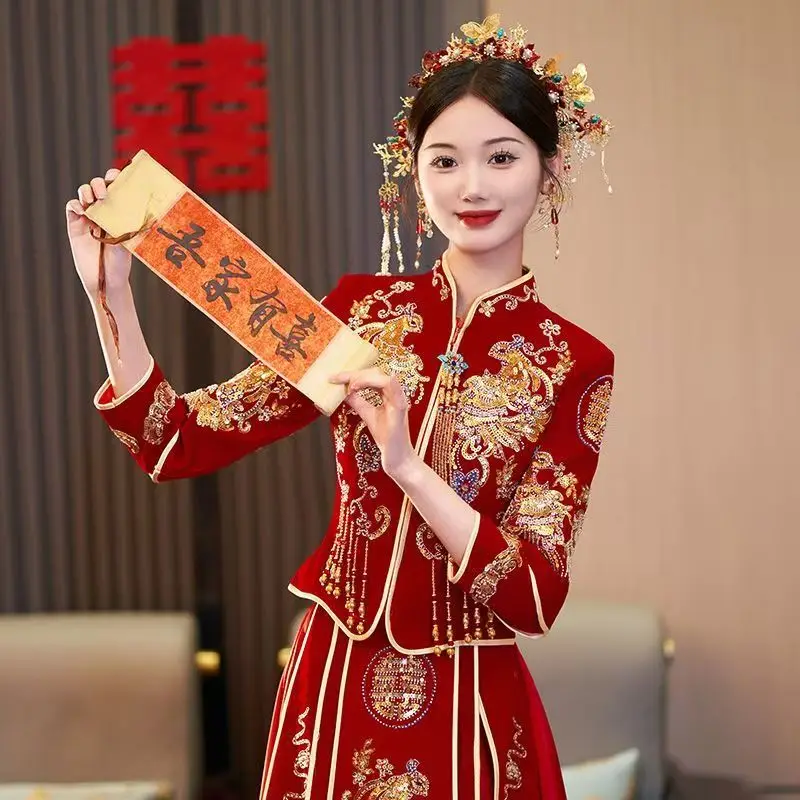 

Свадебный ханьфу, косплей, Cheongsam, вышивка, дракон, Феникс, китайский традиционный элегантный костюм для невесты, винтажный топ Ципао, юбка, костюм