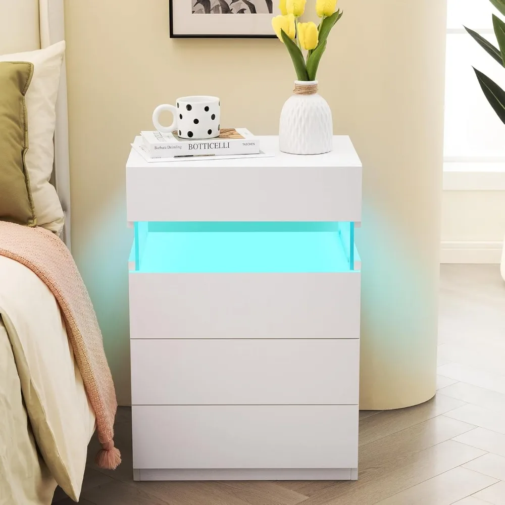 Modern LED-Illuminated Nightstand with 4 Drawers, Tall Design, Large Storage Capacity, Multi-Color Lighting Options